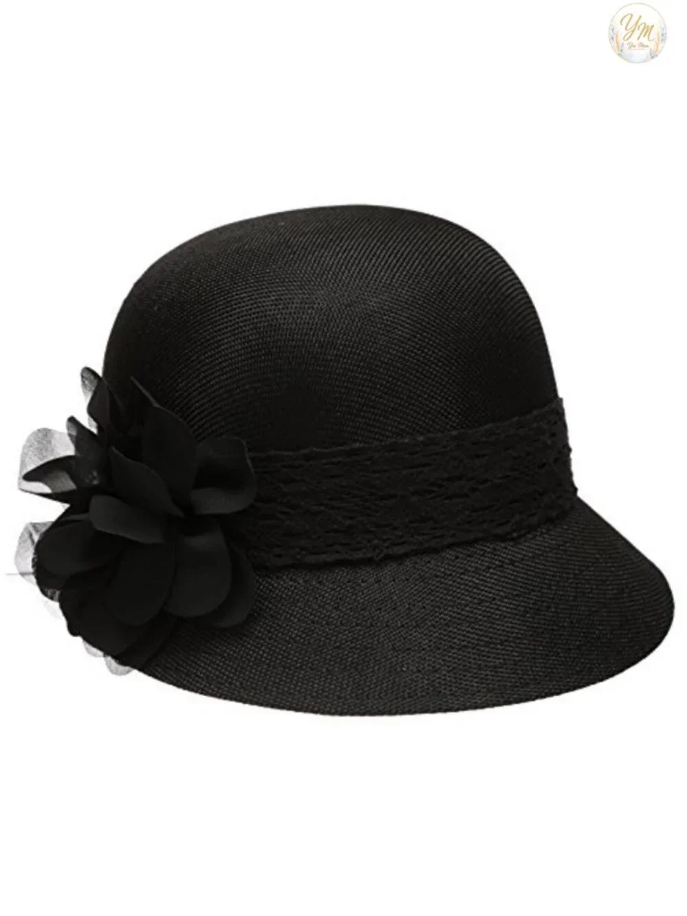 Women's Linen Cloche Sun Hat with Lace Band and Flower, Adjustable, Wedding